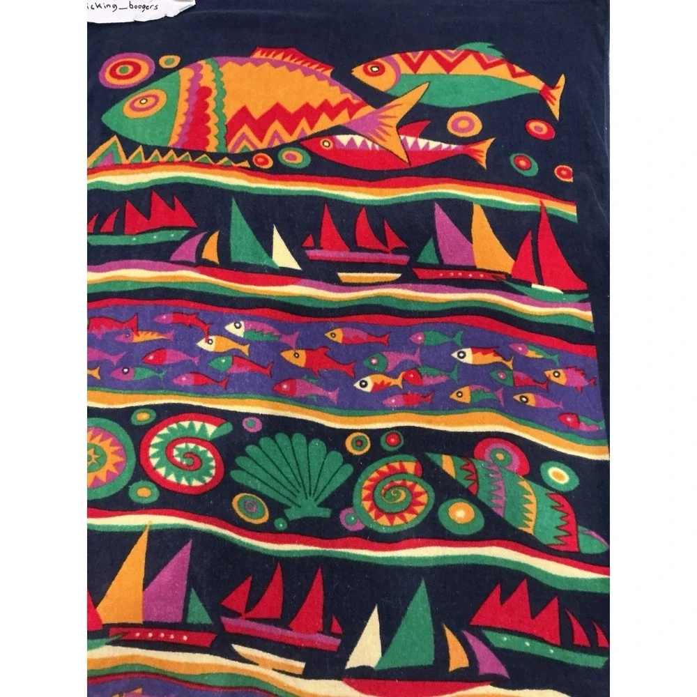 Vintage Beach Towel Featuring A Colorful Tropical Fish and Sailboat Design